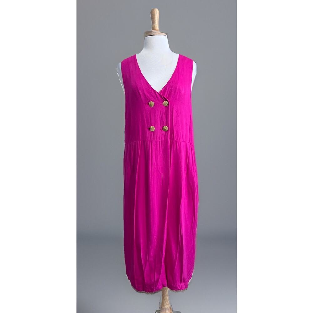 Vintage POMPONI Hot Pink Romper Dress Pockets Oversized sz M Retro 80s